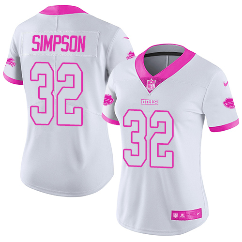 Women's Limited O. J. Simpson Nike Jersey White/Pink - #32 Rush Fashion NFL Buffalo Bills